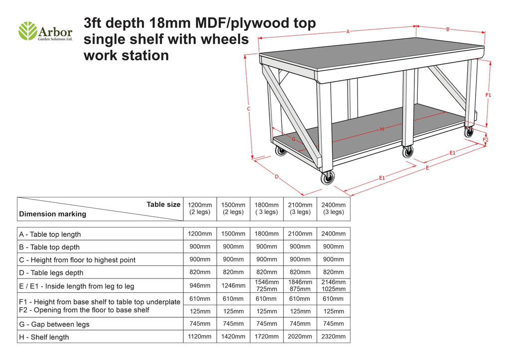 Wooden Workbench MDF Top Depth-3ft With Wheels
