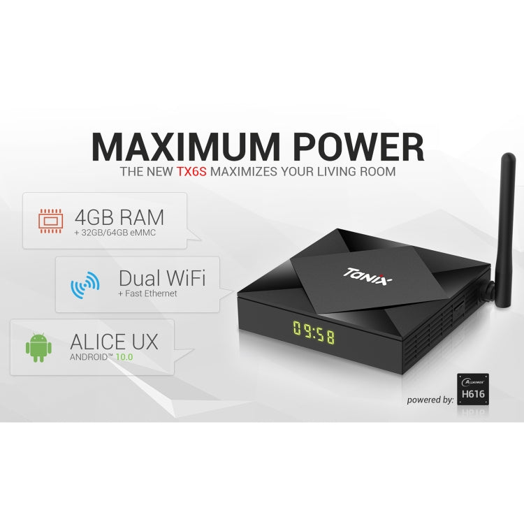 TANIX TX6s 4K Smart TV Box Android 10, Quad-Core H616, 4GB RAM, 64GB ROM, WiFi, Bluetooth, UK Plug