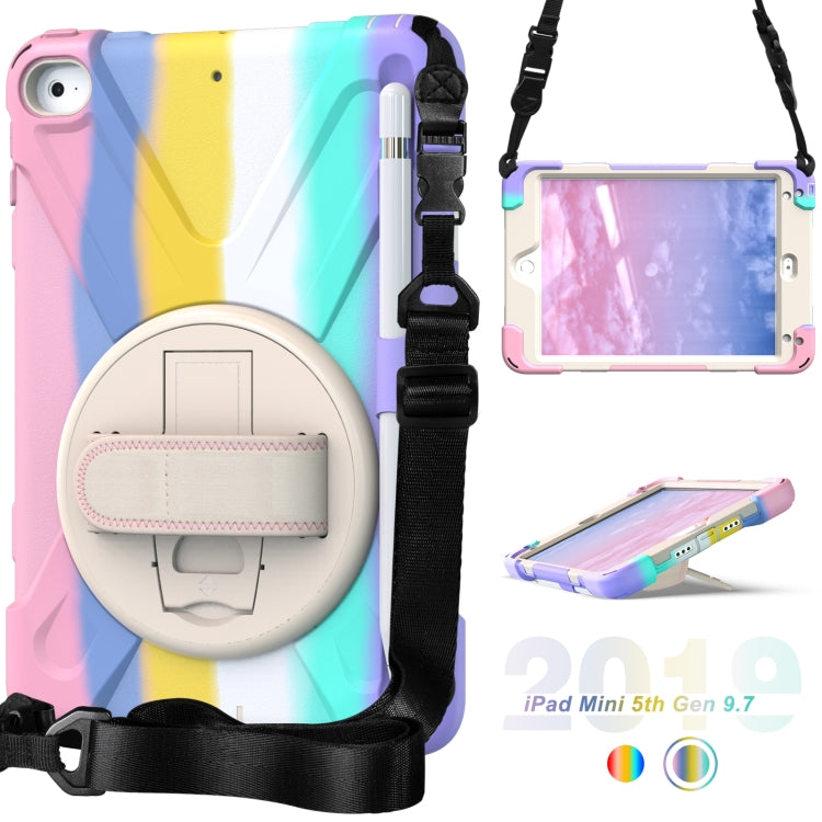 Shockproof Colorful Silicone + PC Protective Case with Holder & Shoulder Strap & Hand Strap For iPad Mini (2019)(Pink)