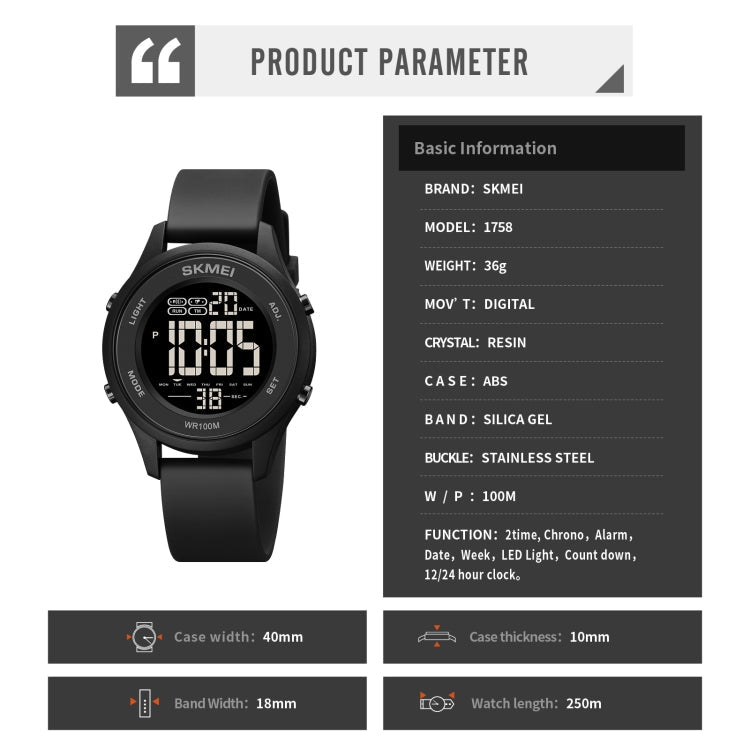 SKMEI 1758 Multifunctional LED Digital Display Luminous Silicone Strap Electronic Watch