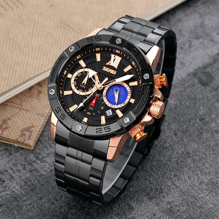 SKMEI 9235 Men Moonphase Stopwatch Stainless Steel Strap Quartz Watch