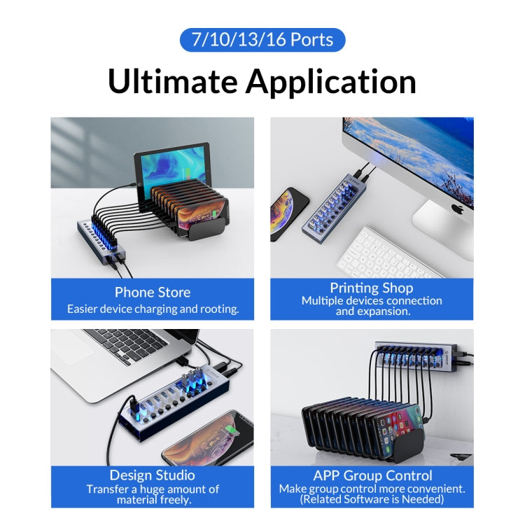ORICO AT2U3-7AB-GY-BP 7 In 1 Aluminum Alloy Multi-Port USB HUB with Individual Switches, EU Plug