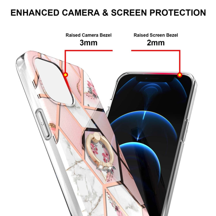 Electroplating Splicing Marble Flower Pattern TPU Shockproof Case with Rhinestone Ring Holder, For iPhone 13 mini, For iPhone 13, For iPhone 13 Pro, For iPhone 13 Pro Max, For iPhone 12 mini, For iPhone 12 / 12 Pro