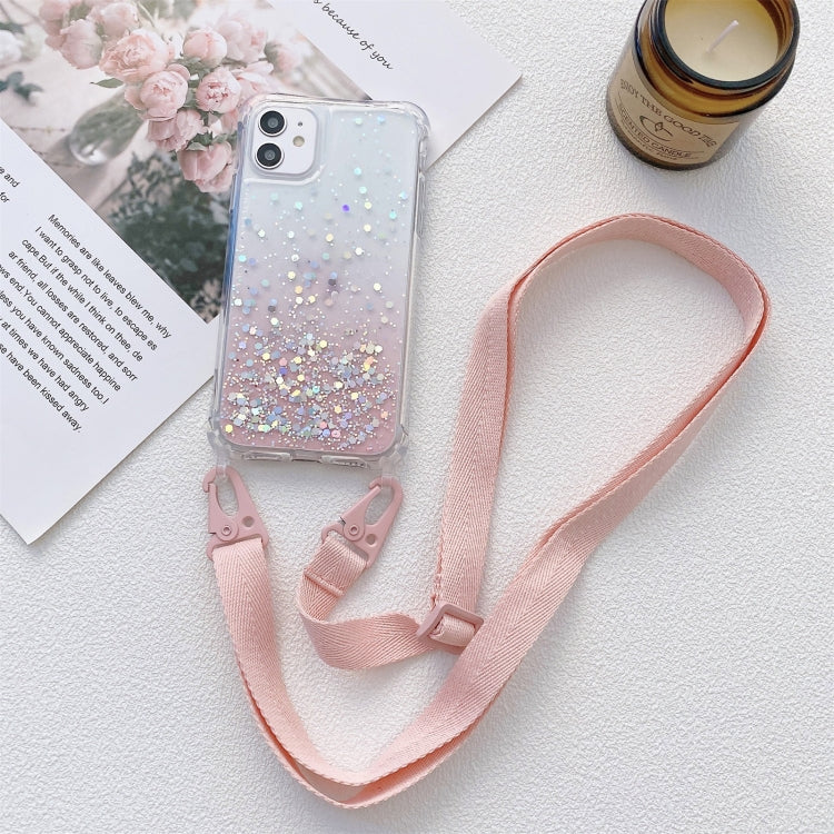 Gradient Glitter Powder Epoxy TPU Thickened Acrylic Shockproof Case with Wide Neck Lanyard, For iPhone 11, For iPhone 11 Pro, For iPhone 11 Pro Max
