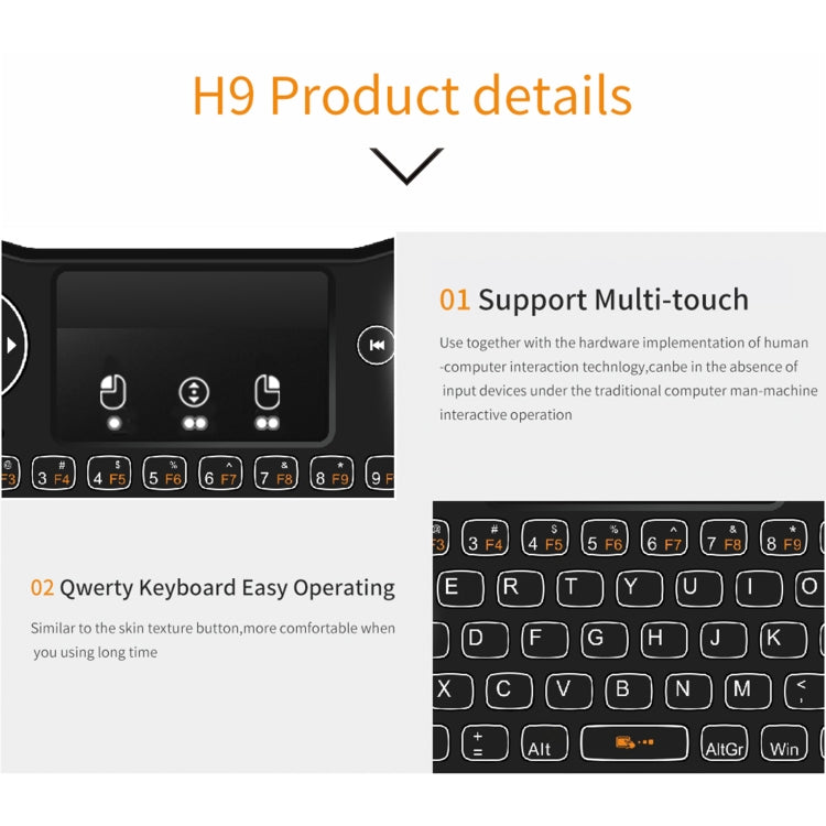 H9 2.4GHz Mini Wireless Air Mouse QWERTY Keyboard with White Backlight & Touchpad for PC, TV(Black)
