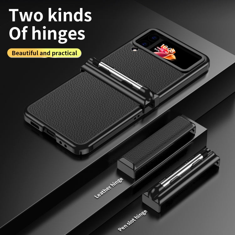 Litchi Texture Leather Hinged Electroplated Phone Case with Pen, For Samsung Galaxy Z Flip3 5G, For Samsung Galaxy Z Flip4
