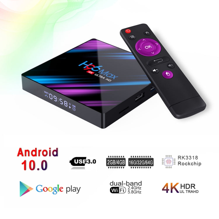 H96 Max-3318 4K Ultra HD Android TV Box with Remote Controller, Android 10.0, RK3318 Quad-Core 64bit Cortex-A53, 4GB+64GB, Support TF Card / USBx2 / AV / Ethernet, Plug Specification:UK Plug