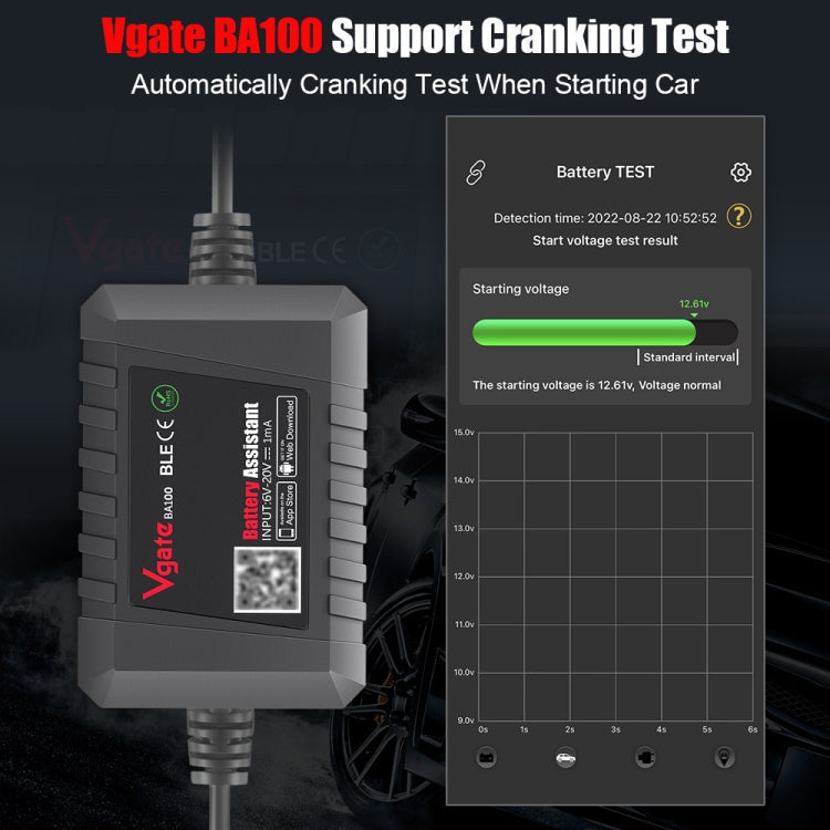Vgate BA100 Car 12V Bluetooth 4.0 Battery Assistant Analyzer Tester, Vgate BA100