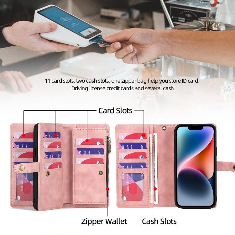 For iPhone 14 Zipper Wallet Magnetic Detachable Leather Phone Case(Pink)