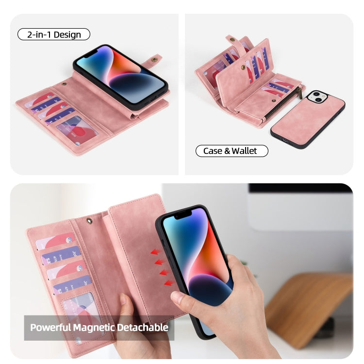 For iPhone 14 Zipper Wallet Magnetic Detachable Leather Phone Case(Pink)
