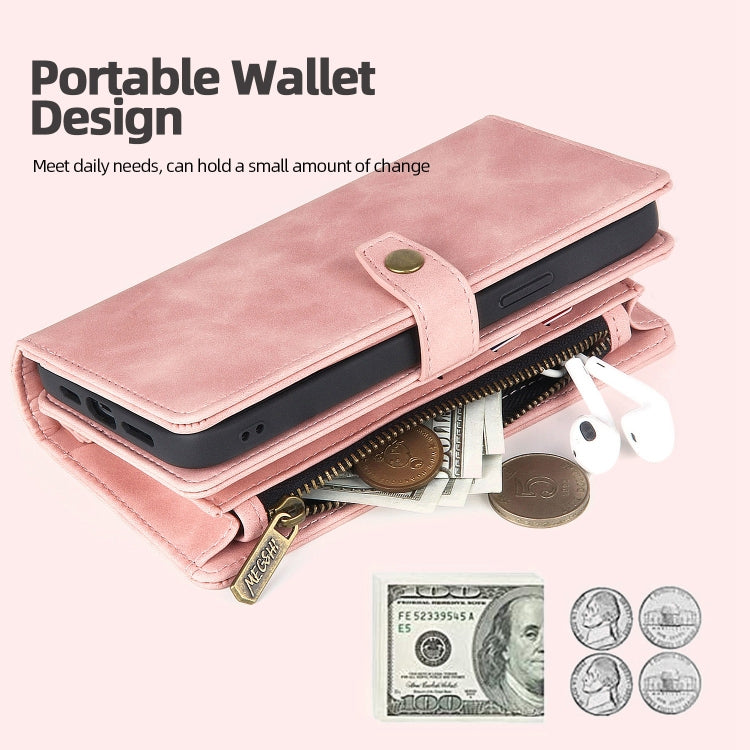 For iPhone 14 Pro Max Zipper Wallet Magnetic Detachable Leather Phone Case(Pink)