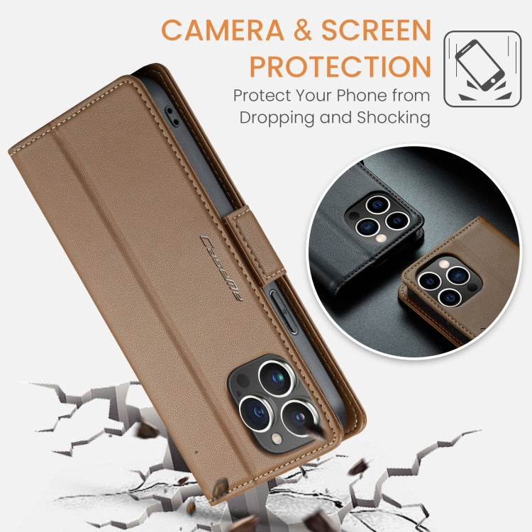 For iPhone 14 Pro CaseMe 023 Butterfly Buckle Litchi Texture RFID Anti-theft Leather Phone Case(Brown)