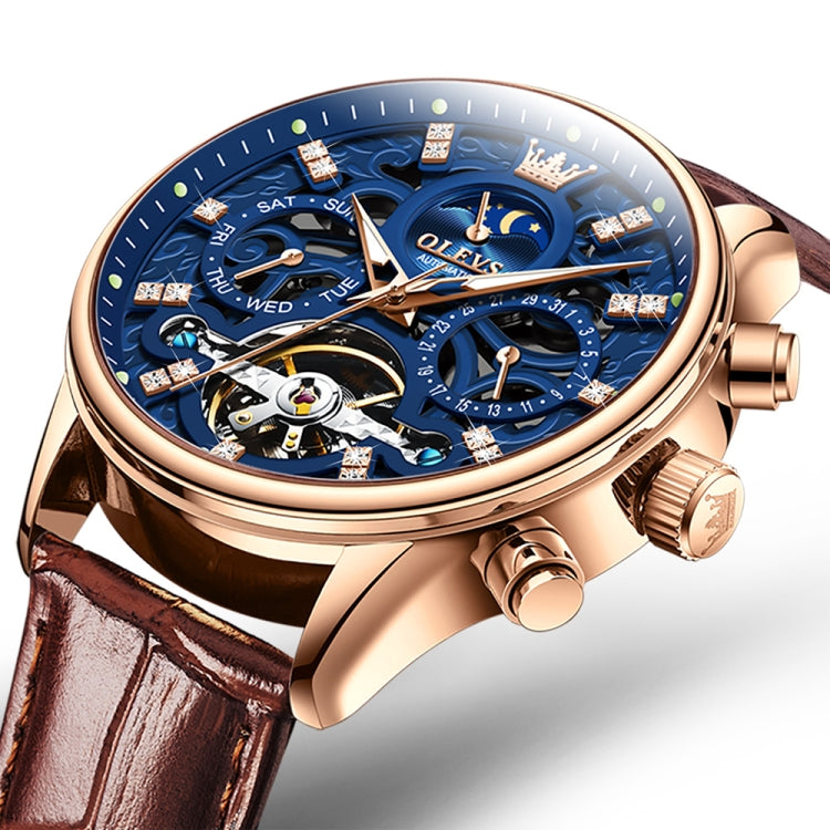 OLEVS 6658 Men Luminous Waterproof Leather Strap Mechanical Watch