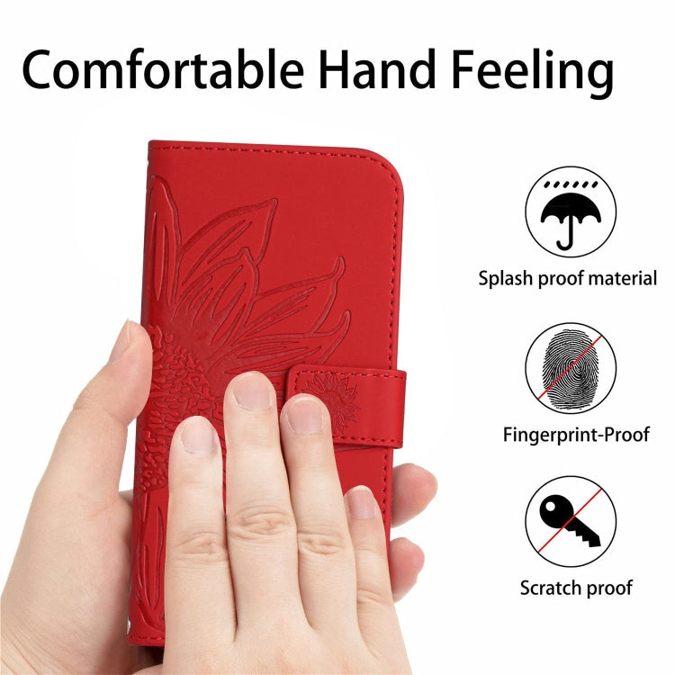 Skin Feel Sun Flower Embossed Flip Leather Phone Case with Lanyard, For iPhone 16, For iPhone 15 Pro Max