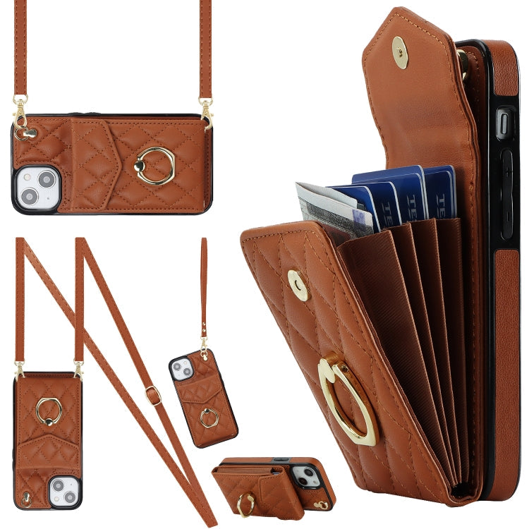 Rhombic Texture Card Bag Phone Case with Long Lanyard, For iPhone 14 Plus, For iPhone 14, For iPhone 14 Pro