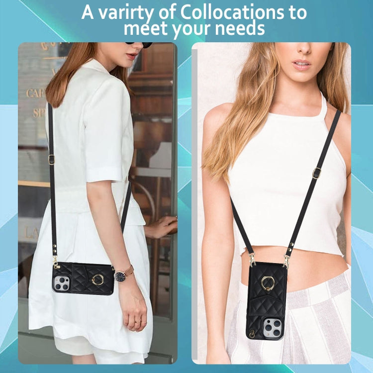 Rhombic Texture Card Bag Phone Case with Long Lanyard, For iPhone 15 Pro, For iPhone 15 Plus, For iPhone 15