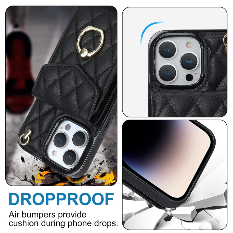 Rhombic Texture Card Bag Phone Case with Long Lanyard, For iPhone 15 Pro, For iPhone 15 Plus, For iPhone 15
