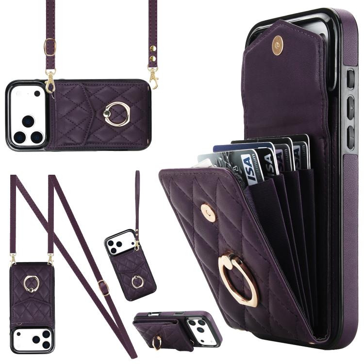 Rhombic Texture Card Bag Phone Case with Long Lanyard, For iPhone 17e / 16e, For iPhone 17 Pro Max, For iPhone 17 Pro