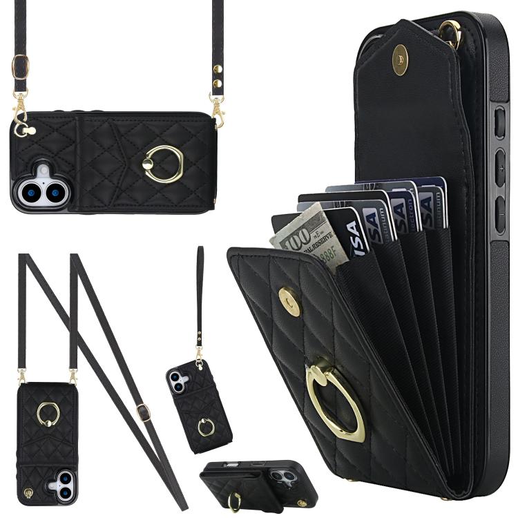 Rhombic Texture Card Bag Phone Case with Long Lanyard, For iPhone 17, For iPhone Air, For iPhone 15 Pro Max