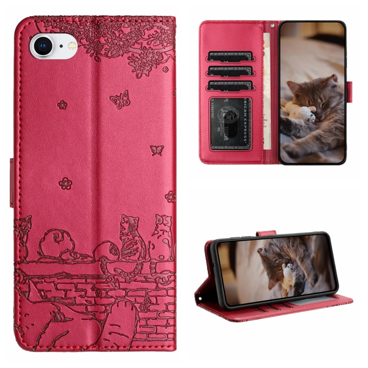 Cat Embossing Pattern Leather Phone Case with Lanyard, For iPhone 14 Pro Max, For iPhone 7 / 8 / SE 2020 / SE 2022, For iPhone 13 Pro Max, For iPhone 13 Pro