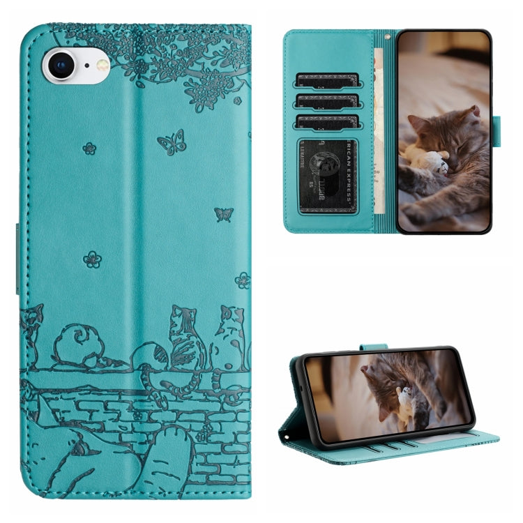 Cat Embossing Pattern Leather Phone Case with Lanyard, For iPhone 14 Pro Max, For iPhone 7 / 8 / SE 2020 / SE 2022, For iPhone 13 Pro Max, For iPhone 13 Pro