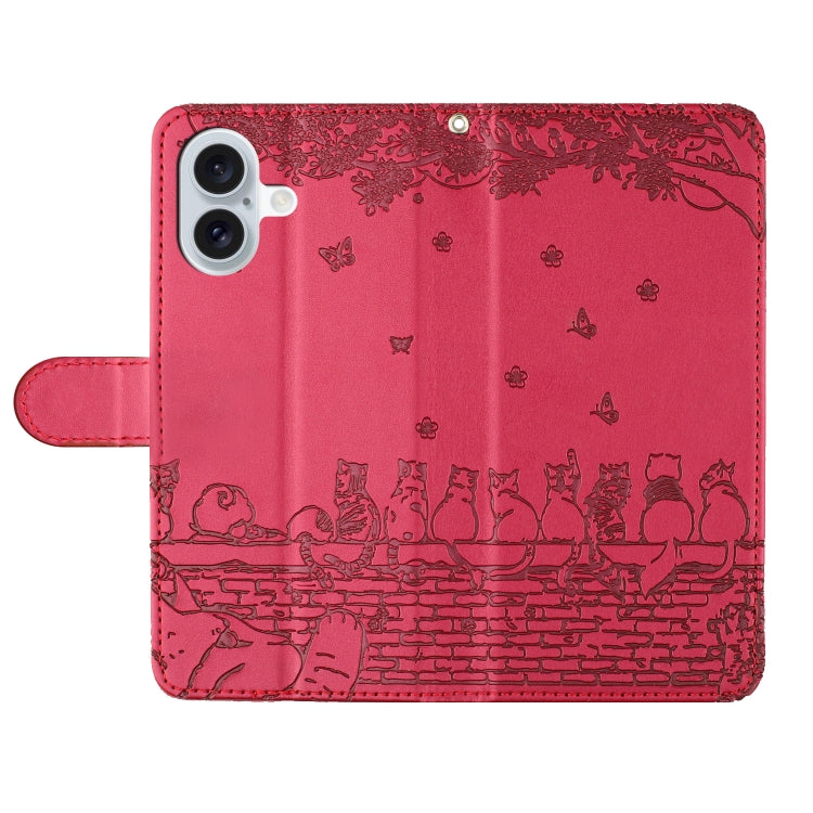 Cat Embossing Pattern Leather Phone Case with Lanyard, For iPhone 16, For iPhone 15 Pro Max, For iPhone 15 Pro, For iPhone 15 Plus