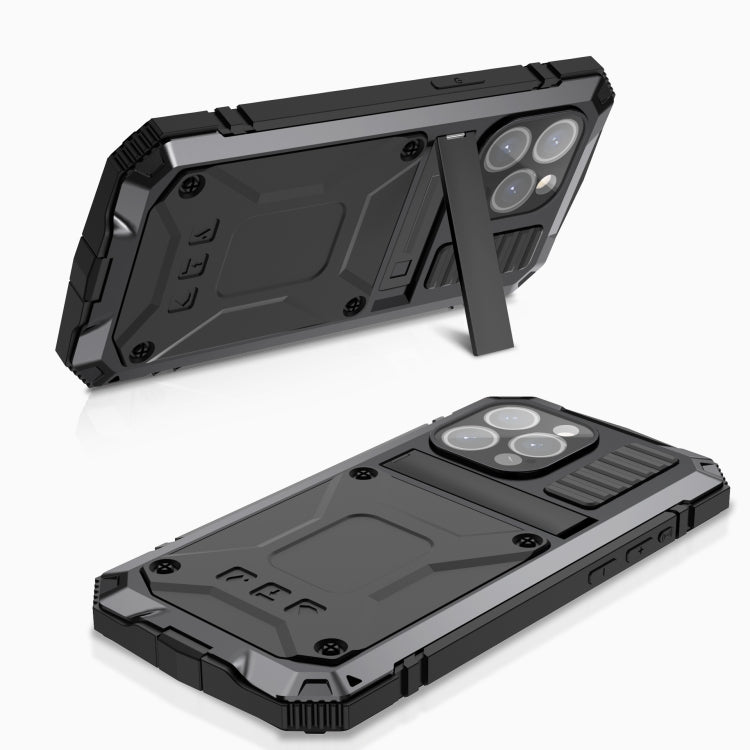For iPhone 15 Pro R-JUST Shockproof Life Waterproof Dust-proof Metal + Silicone Phone Case with Holder(Black)