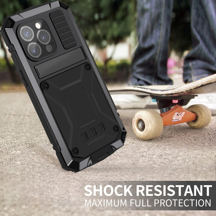 For iPhone 15 Pro R-JUST Shockproof Life Waterproof Dust-proof Metal + Silicone Phone Case with Holder(Black)