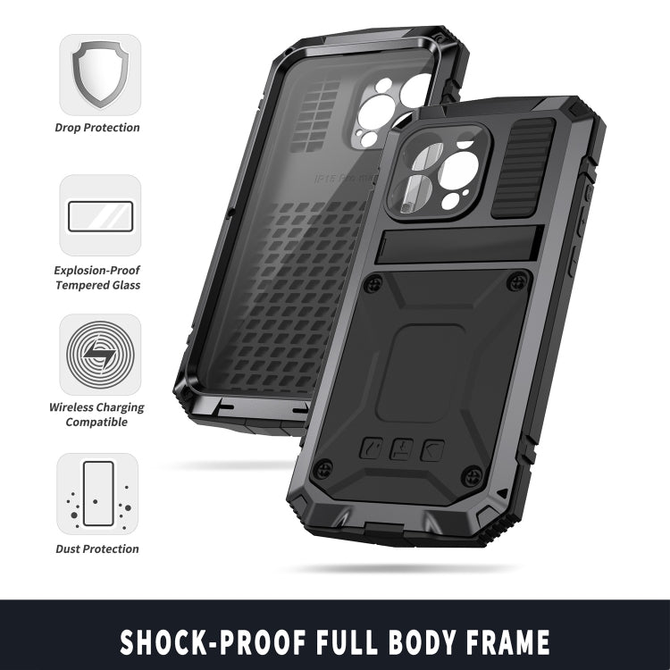 For iPhone 15 Pro R-JUST Shockproof Life Waterproof Dust-proof Metal + Silicone Phone Case with Holder(Black)