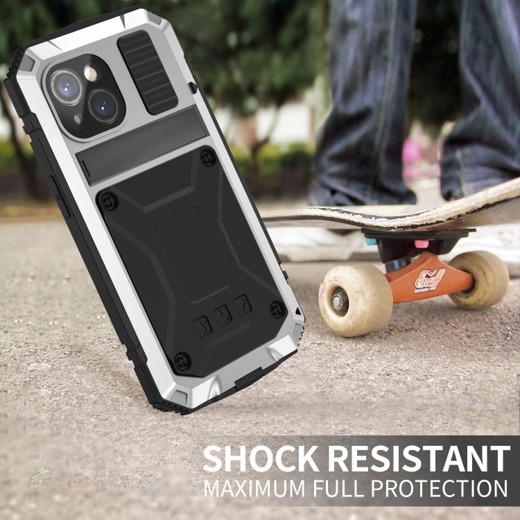 For iPhone 15 R-JUST Shockproof Life Waterproof Dust-proof Metal + Silicone Phone Case with Holder(Silver)