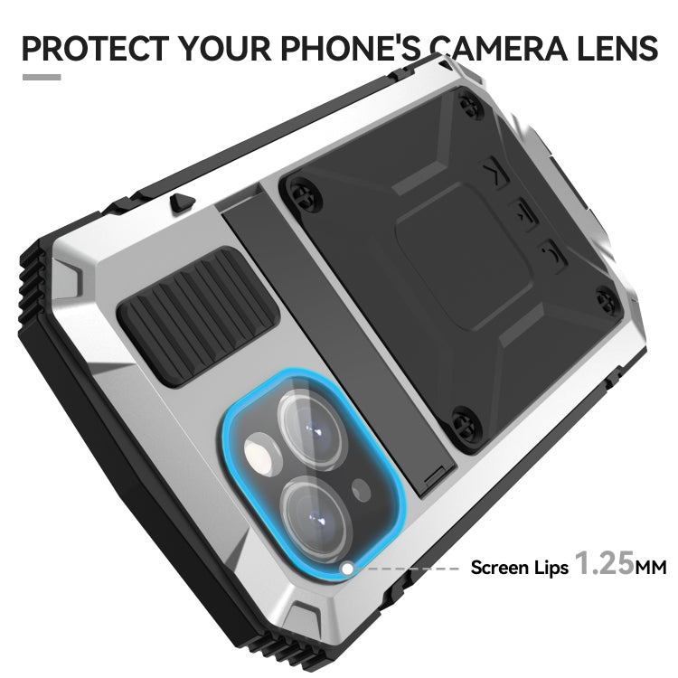 For iPhone 15 R-JUST Shockproof Life Waterproof Dust-proof Metal + Silicone Phone Case with Holder(Silver)
