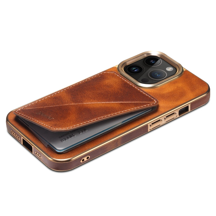 For iPhone 12 / 12 Pro Denior Oil Wax Leather Electroplating Card Slot Holder Phone Case(Brown)