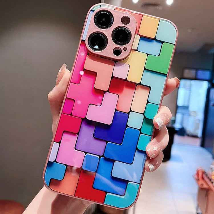 For iPhone 11 Pro Max Colorful Toy Bricks Pattern Shockproof Glass Phone Case(Pink)
