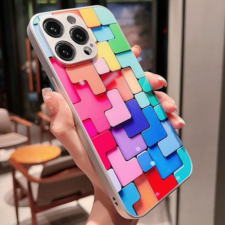 For iPhone 14 Pro Colorful Toy Bricks Pattern Shockproof Glass Phone Case(Silver)