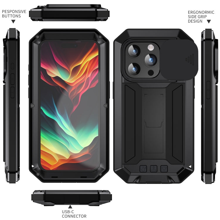 For iPhone 15 Pro Max R-JUST Sliding Camera IP54 Life Waterproof Holder Phone Case(Black)