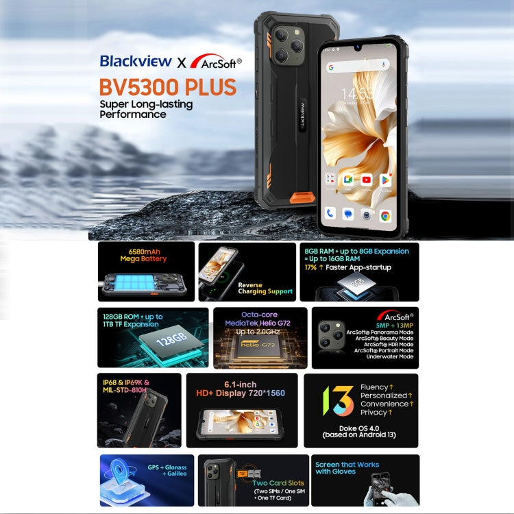 Blackview BV5300 Plus, 8GB+128GB, IP68/IP69K/MIL-STD-810H, 6.1 inch Android 13 MediaTek Helio G72 Octa Core, Network: 4G, OTG(Orange)