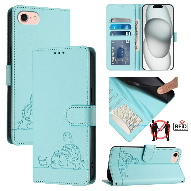 Cat Rat Embossed Pattern RFID Leather Phone Case with Lanyard, For iPhone 14 Pro Max, For iPhone SE 2022/SE 2020/6/7/8, For iPhone 13 Pro Max, For iPhone 13 Pro