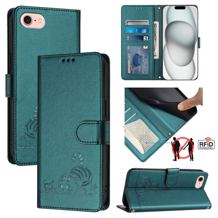 Cat Rat Embossed Pattern RFID Leather Phone Case with Lanyard, For iPhone 14 Pro Max, For iPhone SE 2022/SE 2020/6/7/8, For iPhone 13 Pro Max, For iPhone 13 Pro