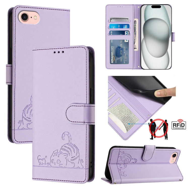 Cat Rat Embossed Pattern RFID Leather Phone Case with Lanyard, For iPhone 14 Pro Max, For iPhone SE 2022/SE 2020/6/7/8, For iPhone 13 Pro Max, For iPhone 13 Pro