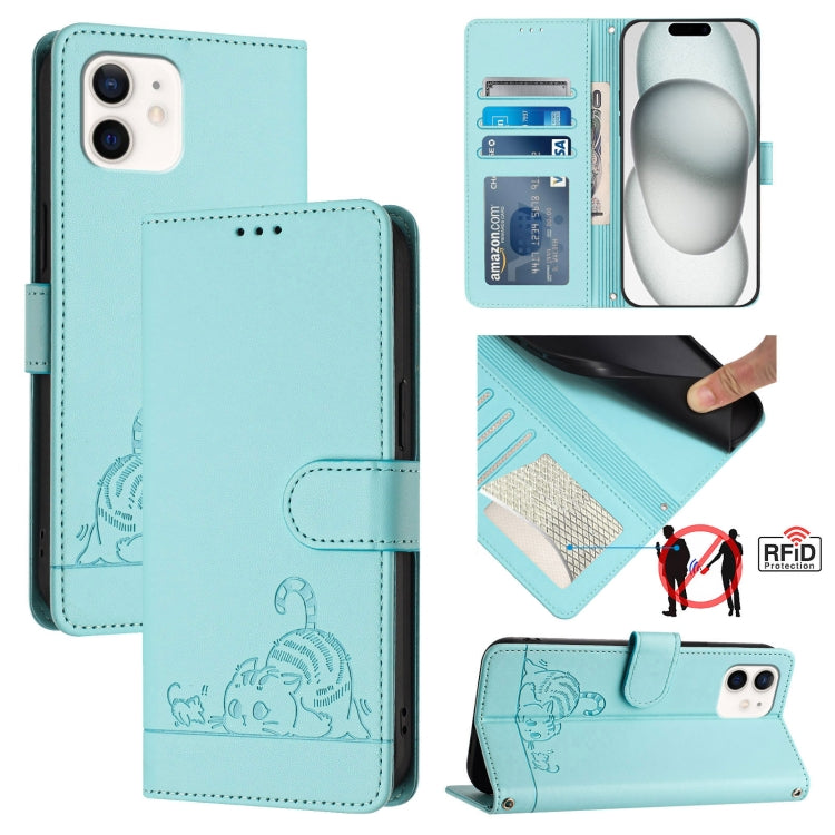 Cat Rat Embossed Pattern RFID Leather Phone Case with Lanyard, For iPhone 11 Pro Max, For iPhone 11, For iPhone 11 Pro, For iPhone XS / X