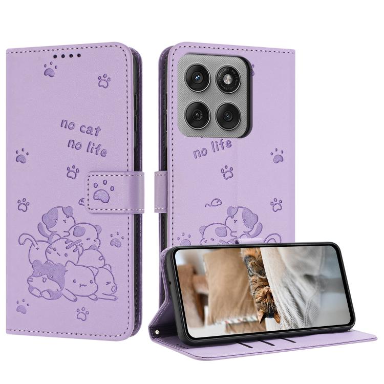 Embossed Kitten Phone Leather Case with Lanyard, For Motorola Edge 60 Pro, For Motorola Edge 60 Fusion, For Motorola Moto G Stylus 5G 2025, For Motorola Moto G05