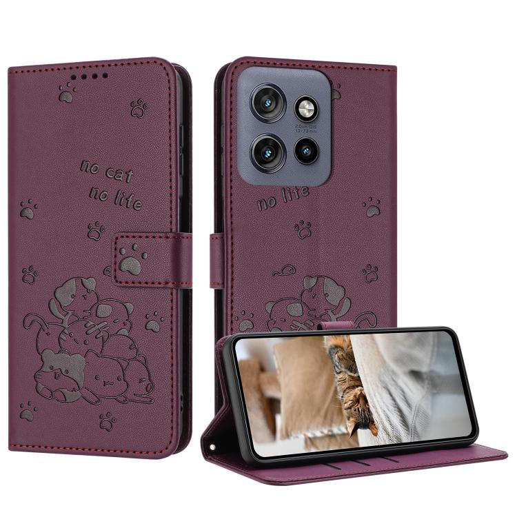 Embossed Kitten Phone Leather Case with Lanyard, For Motorola Moto G17 / G17 Power 4G, For Motorola Moto G67 / G77 5G, For Motorola Edge 70 Fusion 5G, For Motorola Moto G67 Power / G57 Power