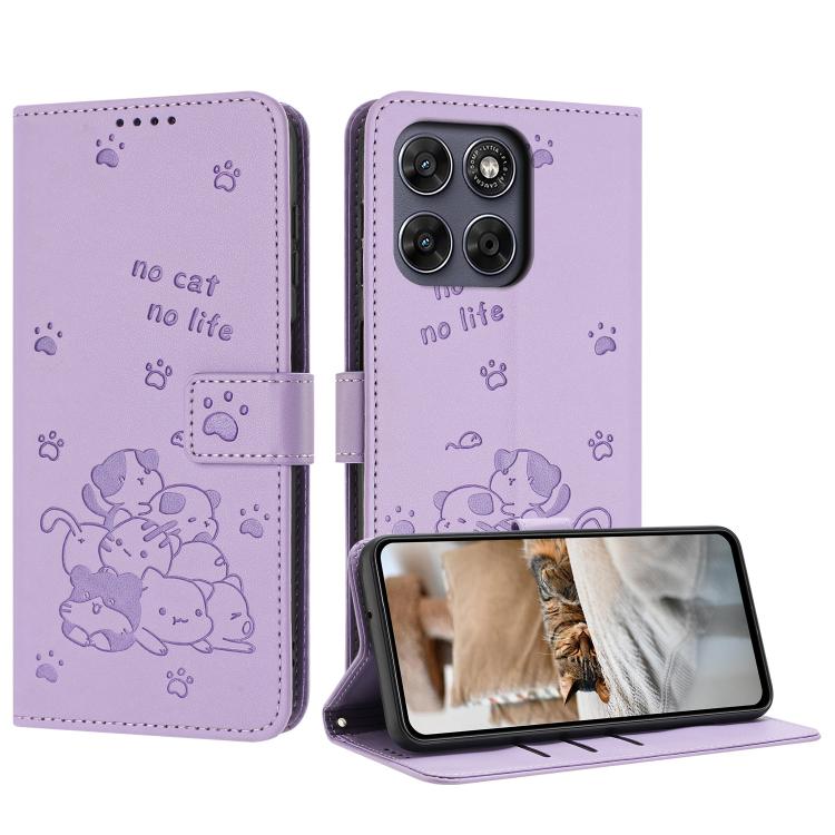 Embossed Kitten Phone Leather Case with Lanyard, For Motorola Moto G17 / G17 Power 4G, For Motorola Moto G67 / G77 5G, For Motorola Edge 70 Fusion 5G, For Motorola Moto G67 Power / G57 Power