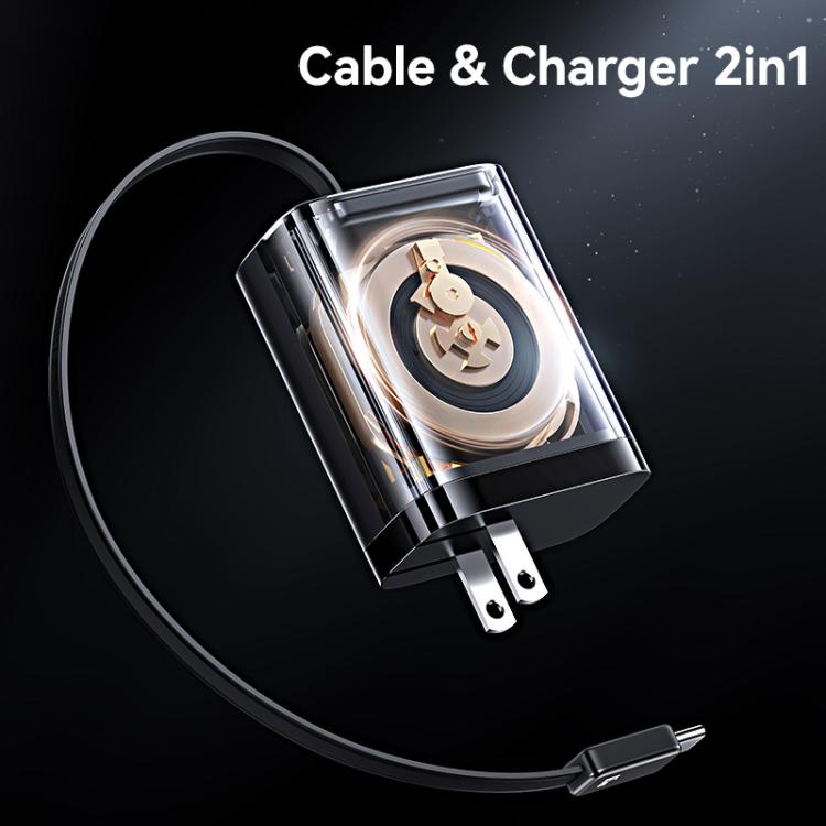 USAMS CC300 65W Fast Charger With Retractable USB-C / Type-C Cable, US Plug