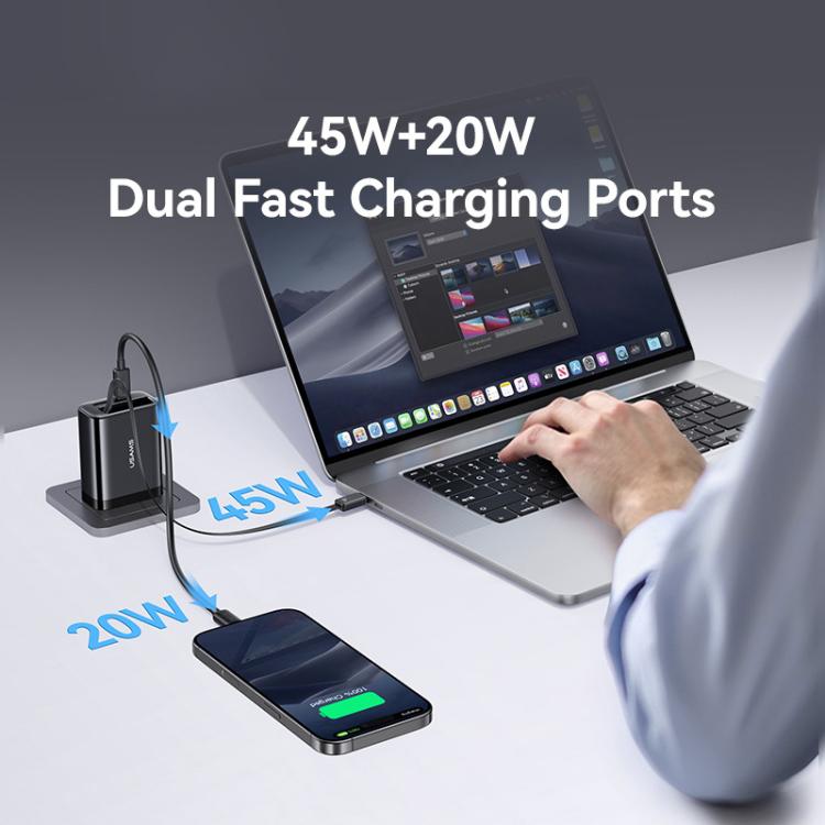 USAMS CC300 65W Fast Charger With Retractable USB-C / Type-C Cable, US Plug