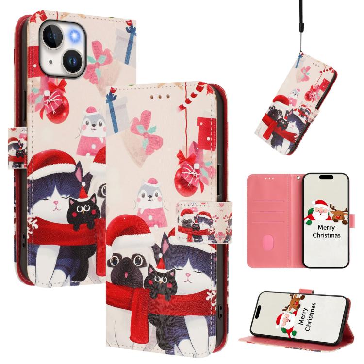 Christmas Series Buckle Leather Phone Case with Hand Strap, For iPhone 15, For iPhone 14 Plus, For iPhone 14 / 13, For iPhone 14 Pro