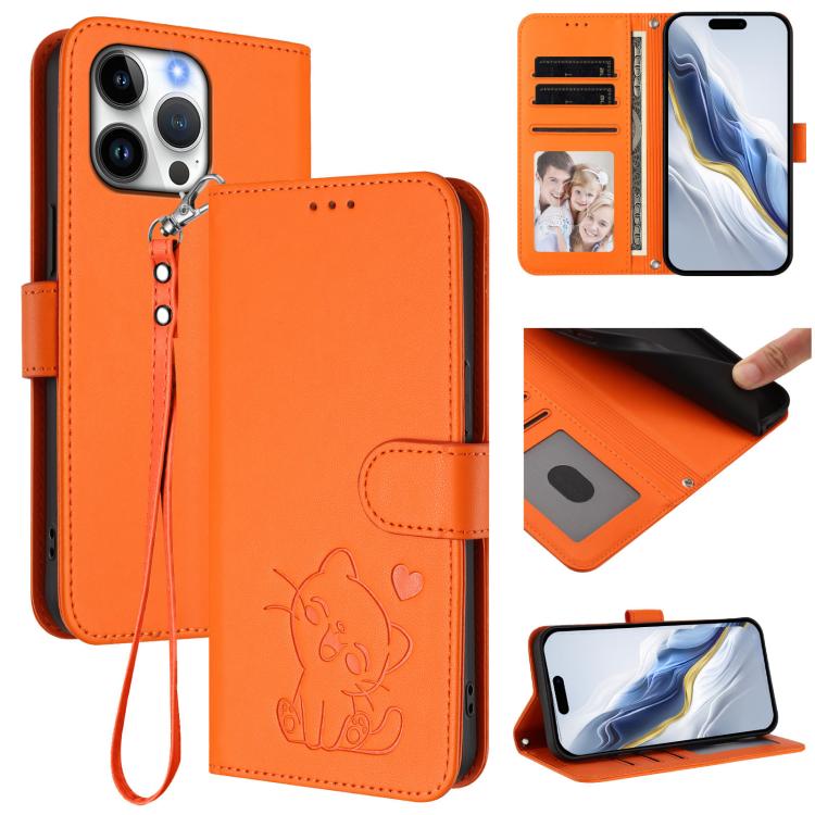 Embossed Heart Cat Leather Phone Case with Hand Strap, For iPhone Air, For iPhone 16 Pro Max