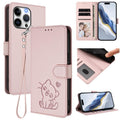 Embossed Heart Cat Leather Phone Case with Hand Strap, For iPhone 16 Pro, For iPhone 16 Plus