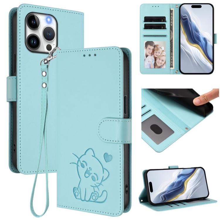 Embossed Heart Cat Leather Phone Case with Hand Strap, For iPhone 16 Pro, For iPhone 16 Plus