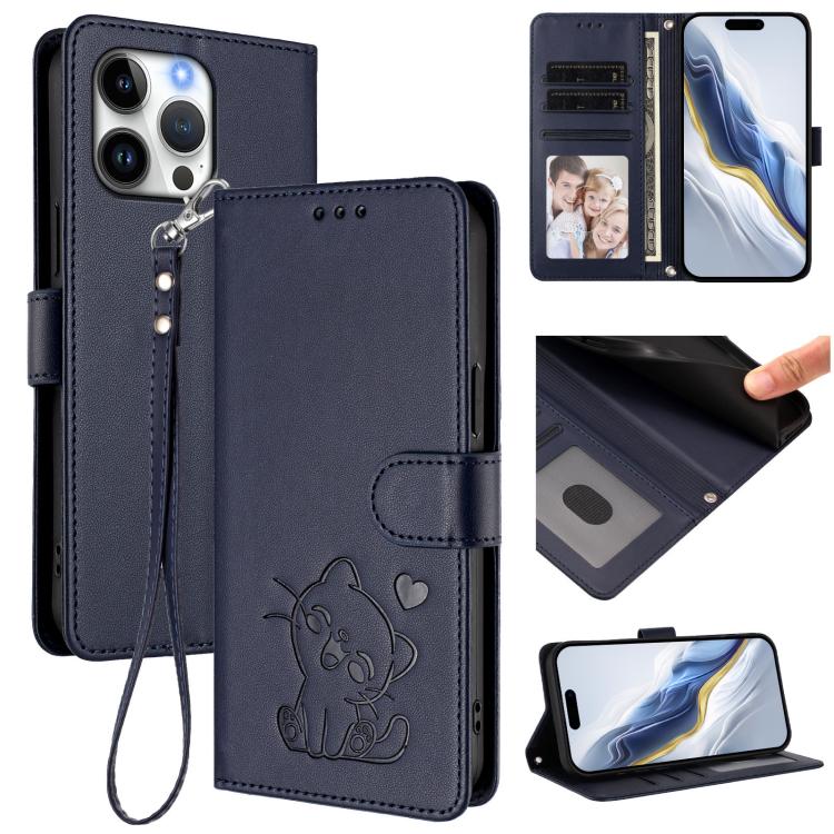 Embossed Heart Cat Leather Phone Case with Hand Strap, For iPhone 16 Pro, For iPhone 16 Plus